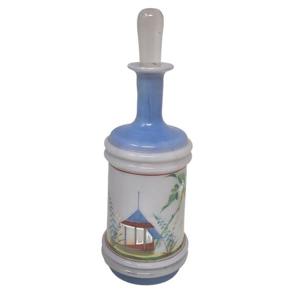 Vintage Hand Blown Bottle Hand Painted Blue & Gold Art Glass with Stopper - Picture 3 of 12